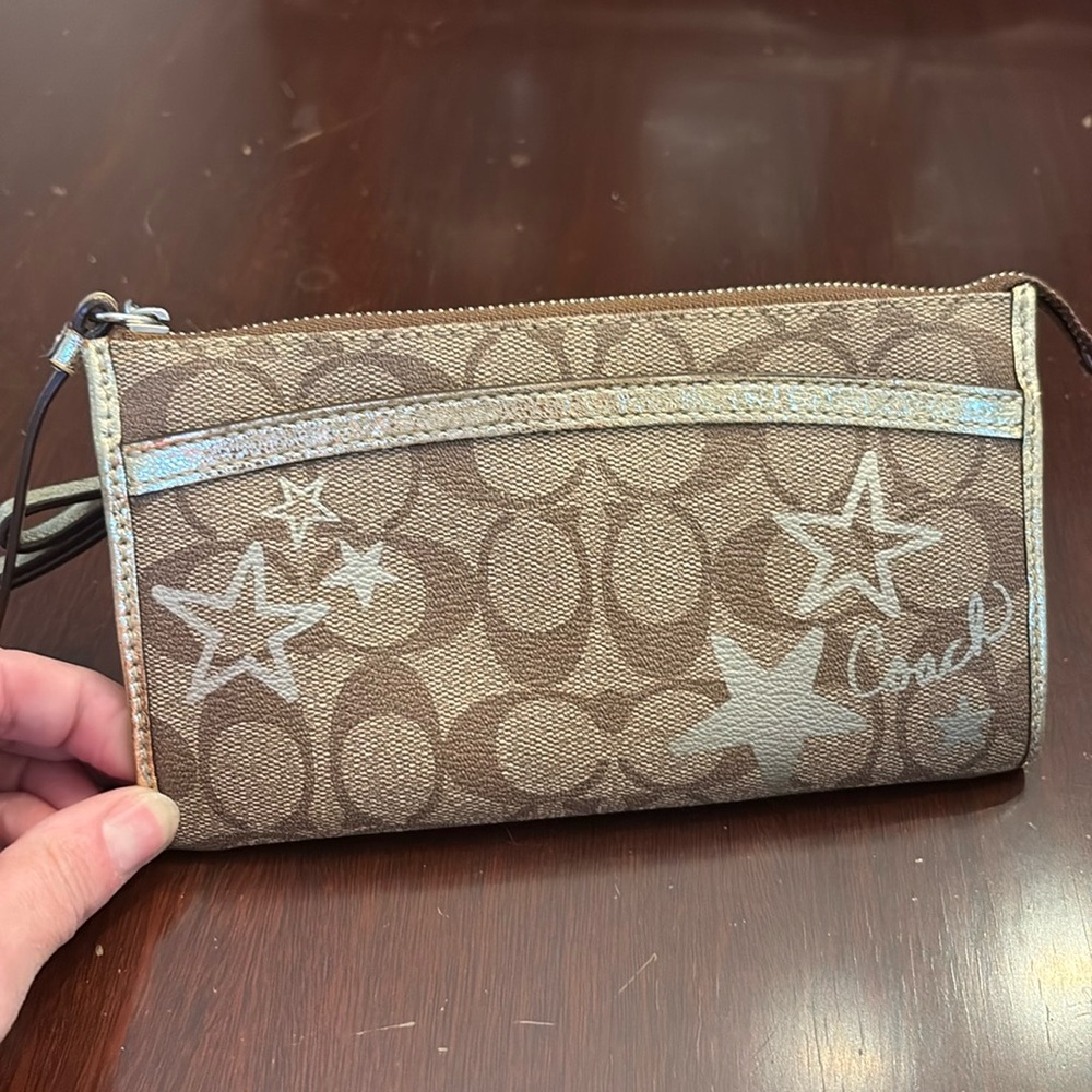 Coach Large Wristlet wallet with Signature Coated Canvas and gold accents
